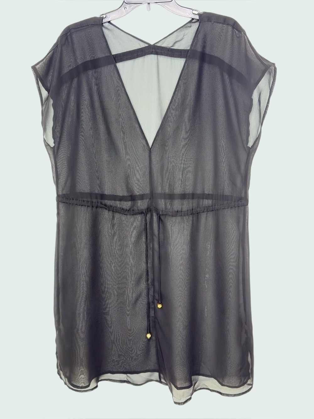 90s  Black Sheer Georgette Tunic Deep V Neck Cyber Y2K Weightless Drama M